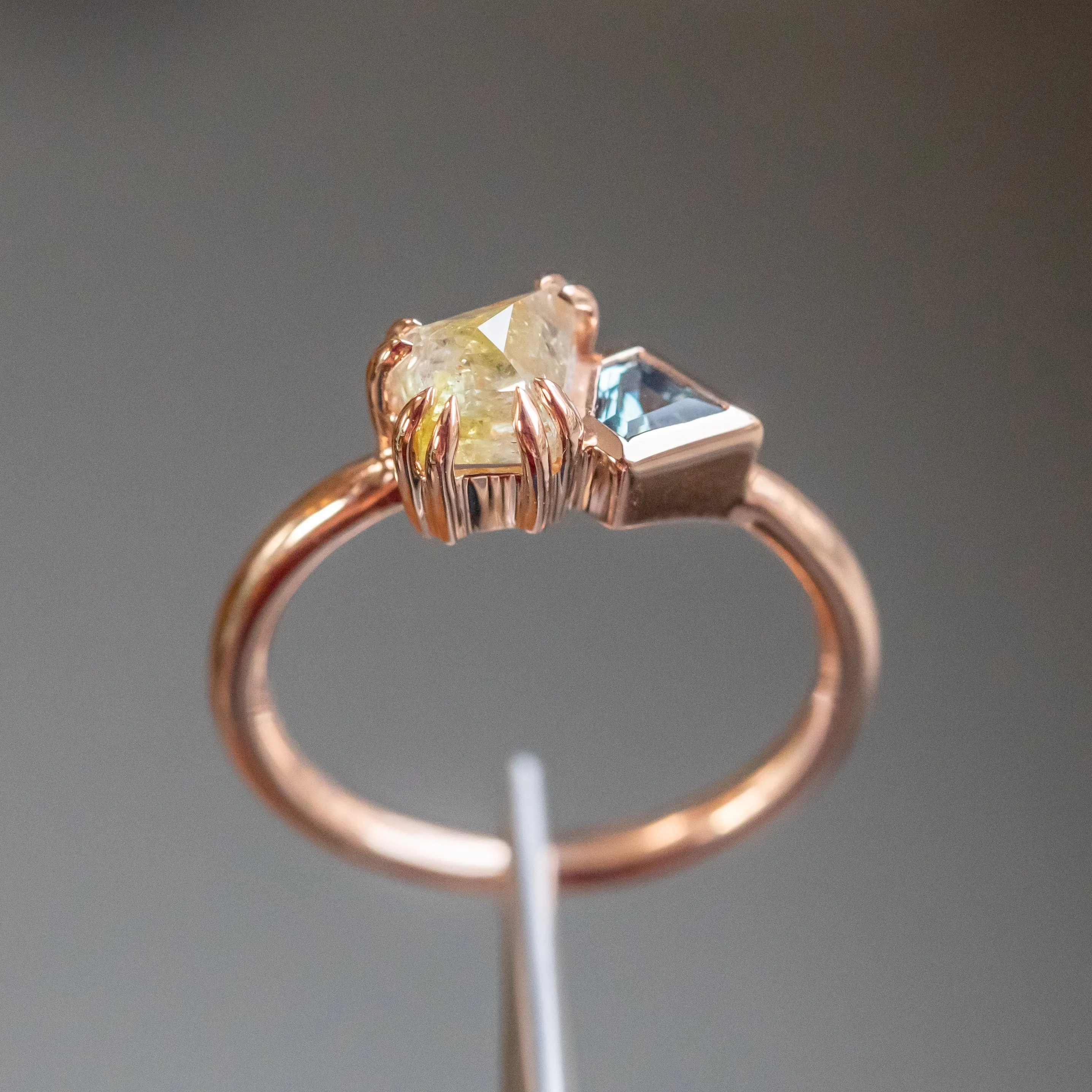 1.05ct Kite Rosecut Diamond Double Prong and Shield Sapphire Low Profile Ring in 14k Rose Gold