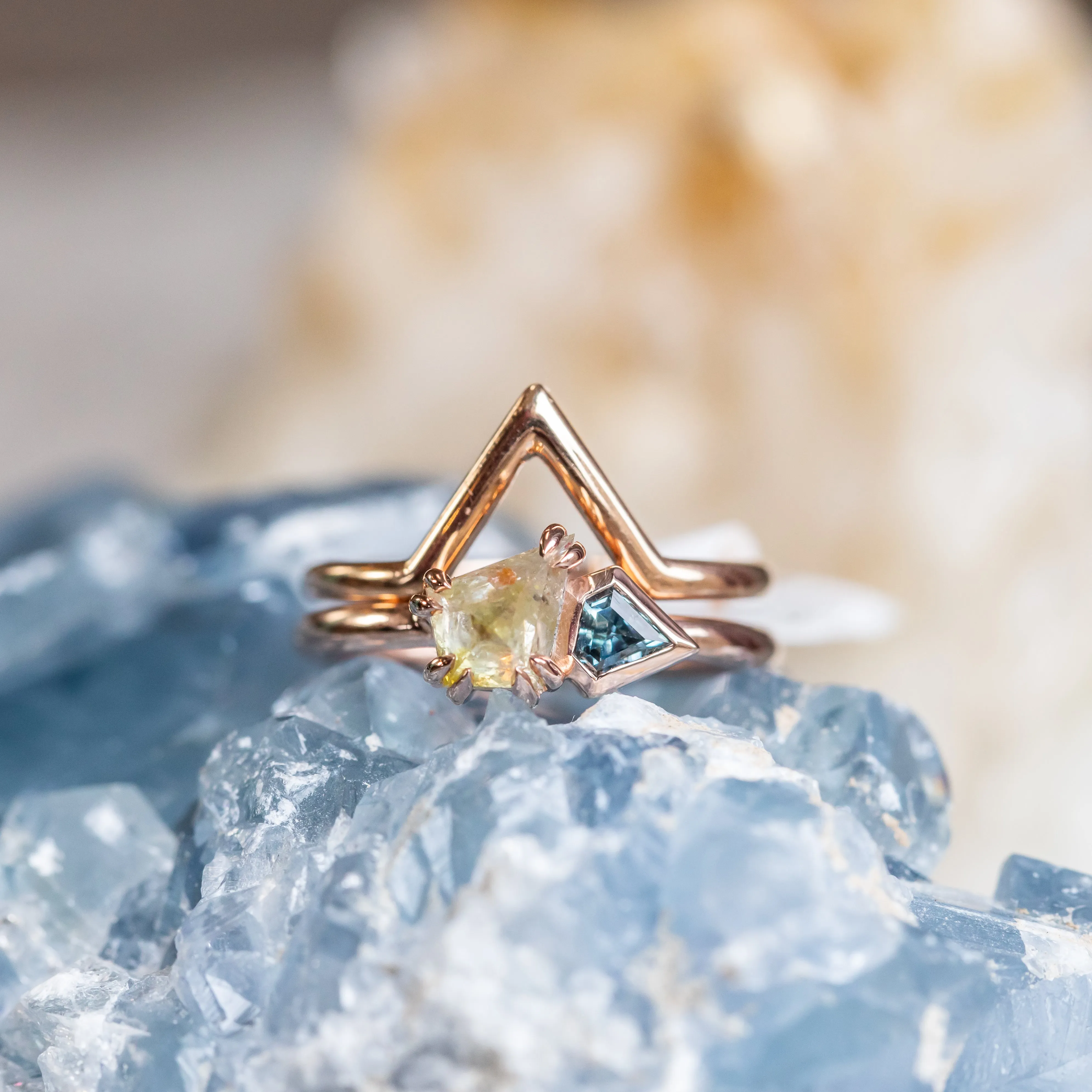 1.05ct Kite Rosecut Diamond Double Prong and Shield Sapphire Low Profile Ring in 14k Rose Gold