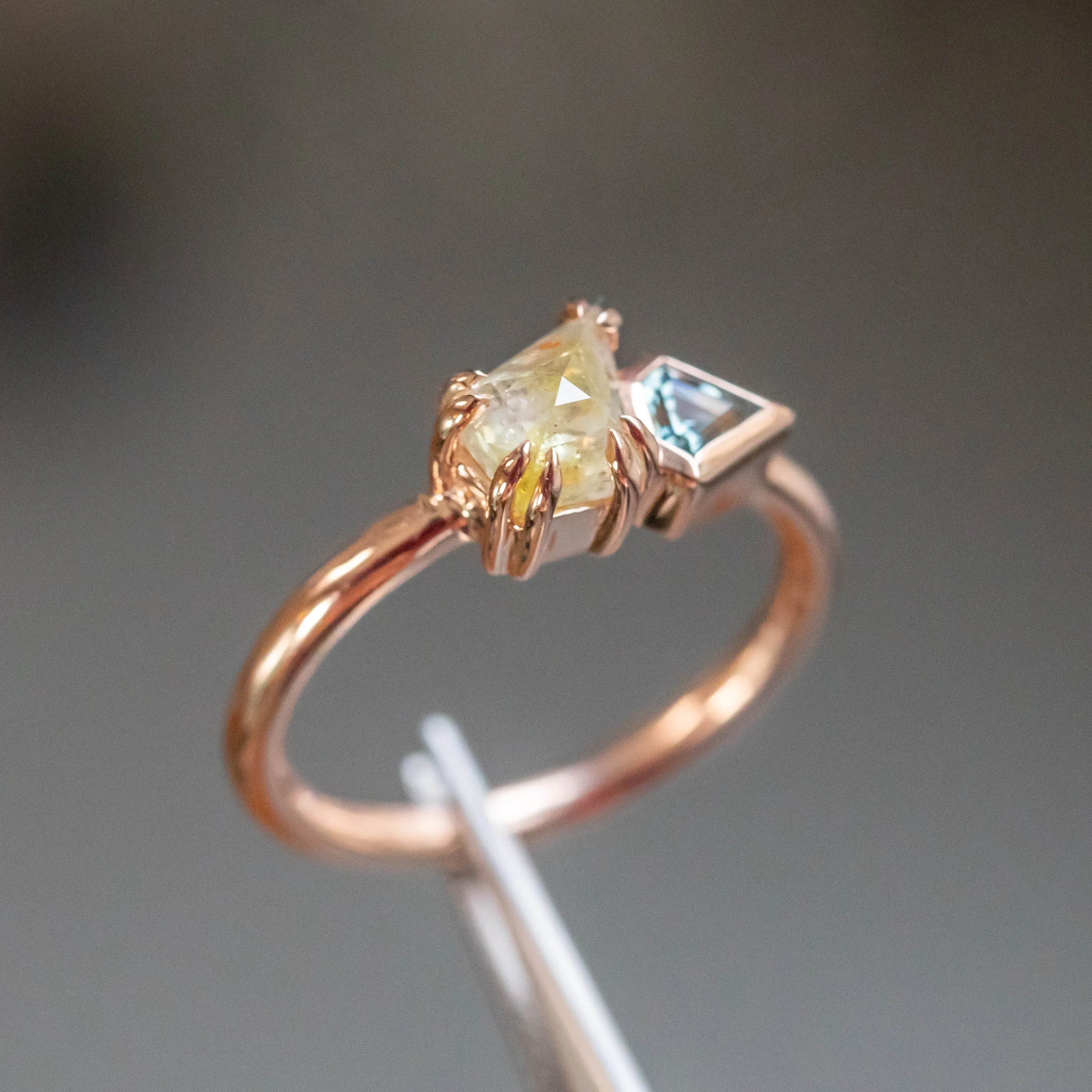 1.05ct Kite Rosecut Diamond Double Prong and Shield Sapphire Low Profile Ring in 14k Rose Gold