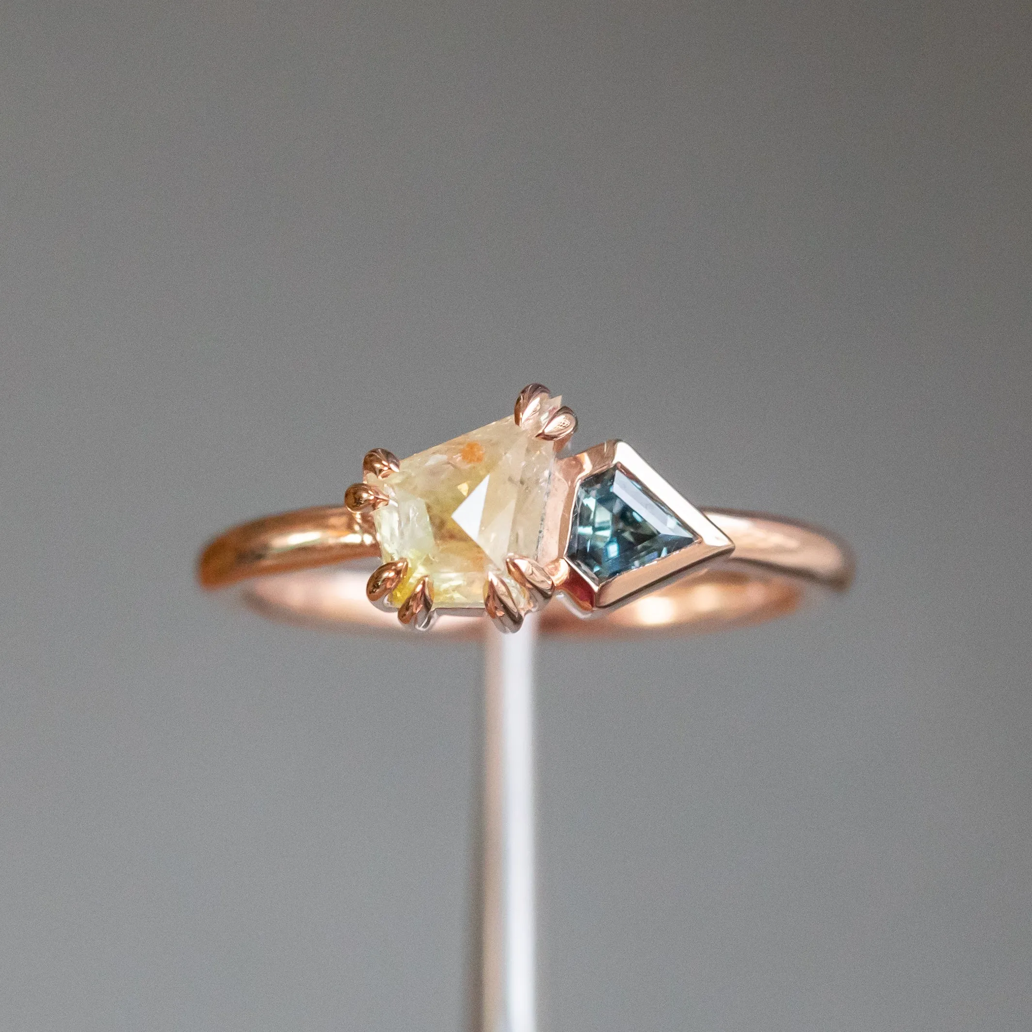 1.05ct Kite Rosecut Diamond Double Prong and Shield Sapphire Low Profile Ring in 14k Rose Gold