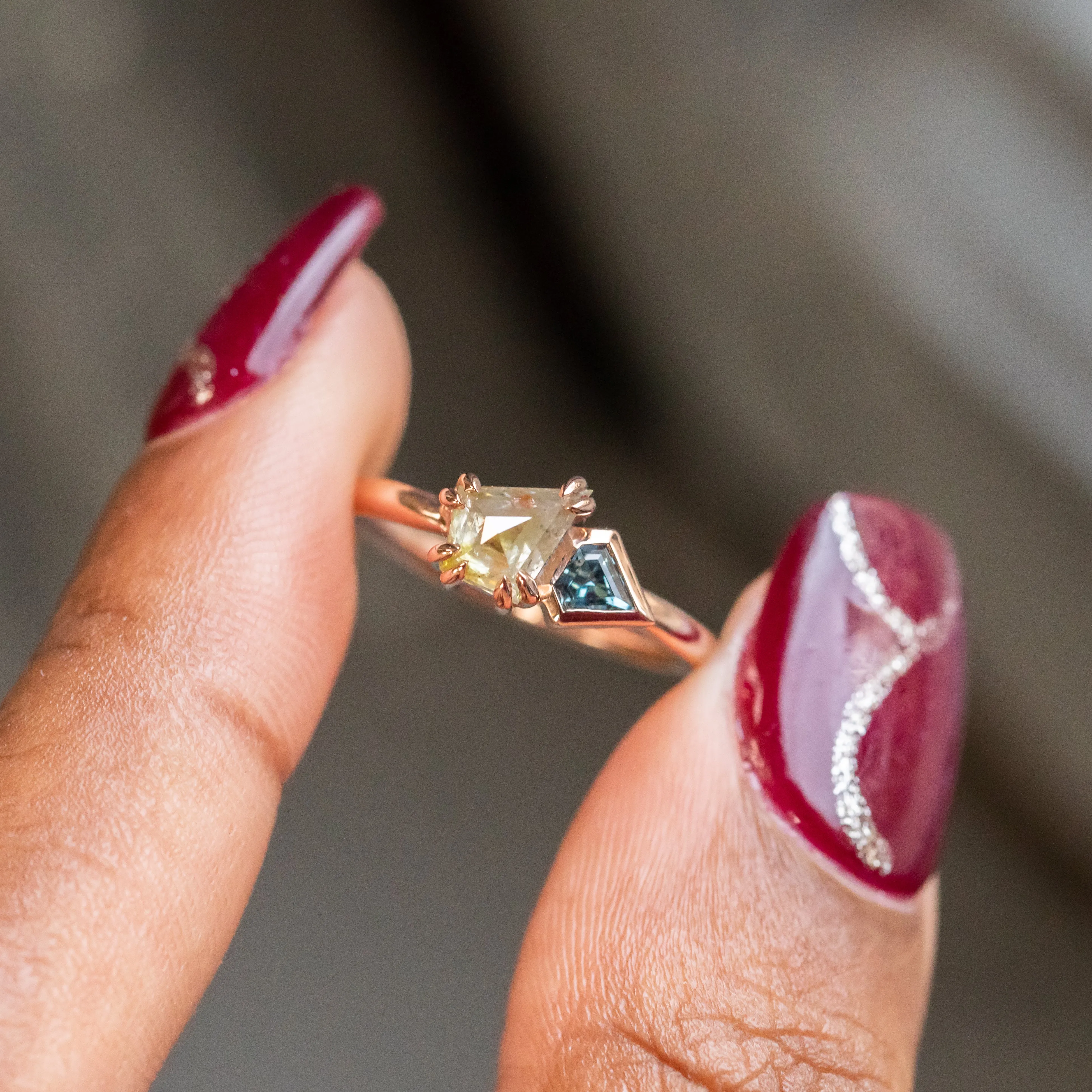 1.05ct Kite Rosecut Diamond Double Prong and Shield Sapphire Low Profile Ring in 14k Rose Gold