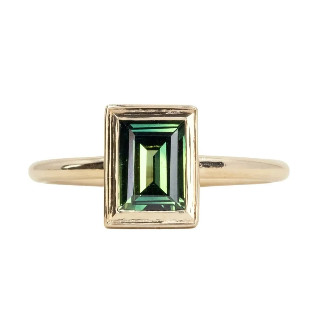 1.16ct Baguette Cut Untreated Nigerian Green Sapphire Low Profile Bezel Hidden Halo Solitaire Ring in 14k Yellow Gold