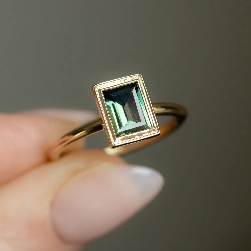 1.16ct Baguette Cut Untreated Nigerian Green Sapphire Low Profile Bezel Hidden Halo Solitaire Ring in 14k Yellow Gold