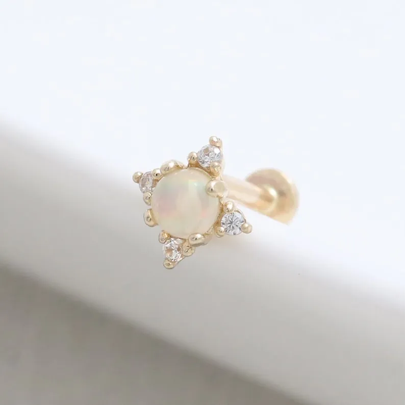 14K Gold Cartilage Helix Tragus Conch Genuine Opal & Tiny Diamond Centeral Internally Threaded Flat Back Earring Labret