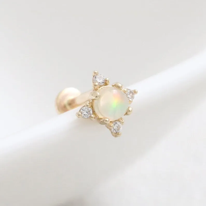 14K Gold Cartilage Helix Tragus Conch Genuine Opal & Tiny Diamond Centeral Internally Threaded Flat Back Earring Labret