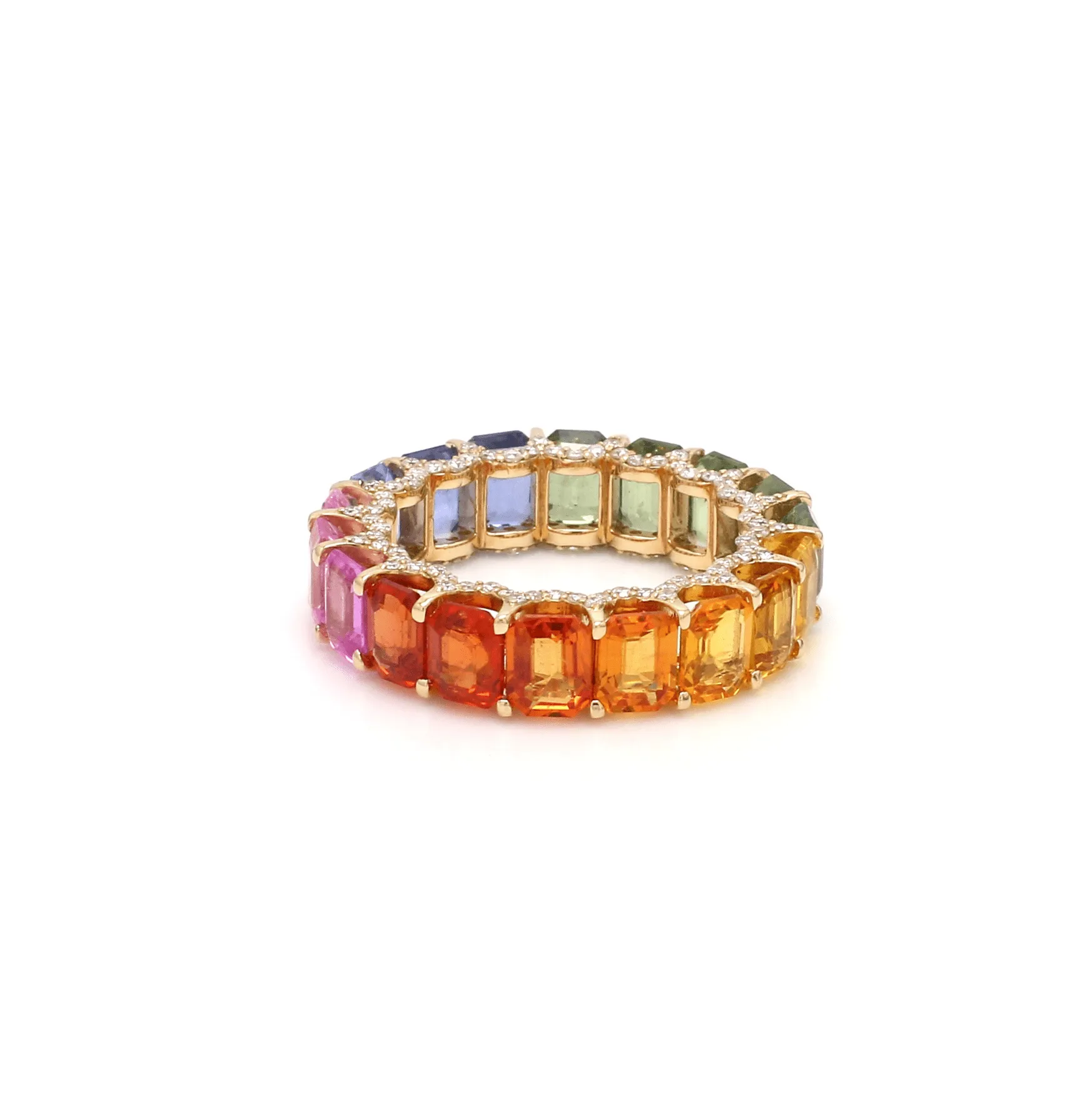 14K or 18K Gold Rainbow Sapphire and Pave Diamond Eternity Band