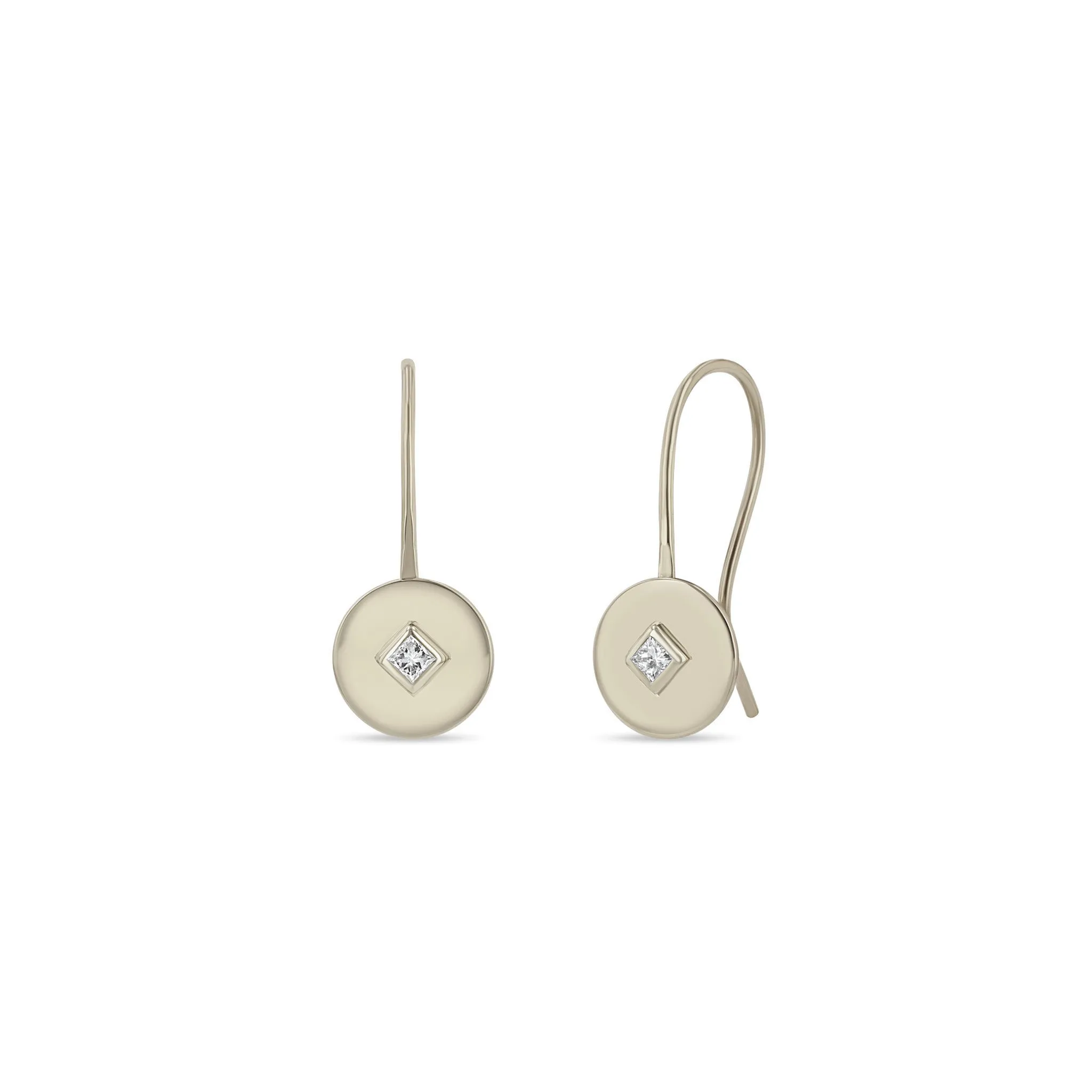 14k Princess Diamond Disc Hook Earrings