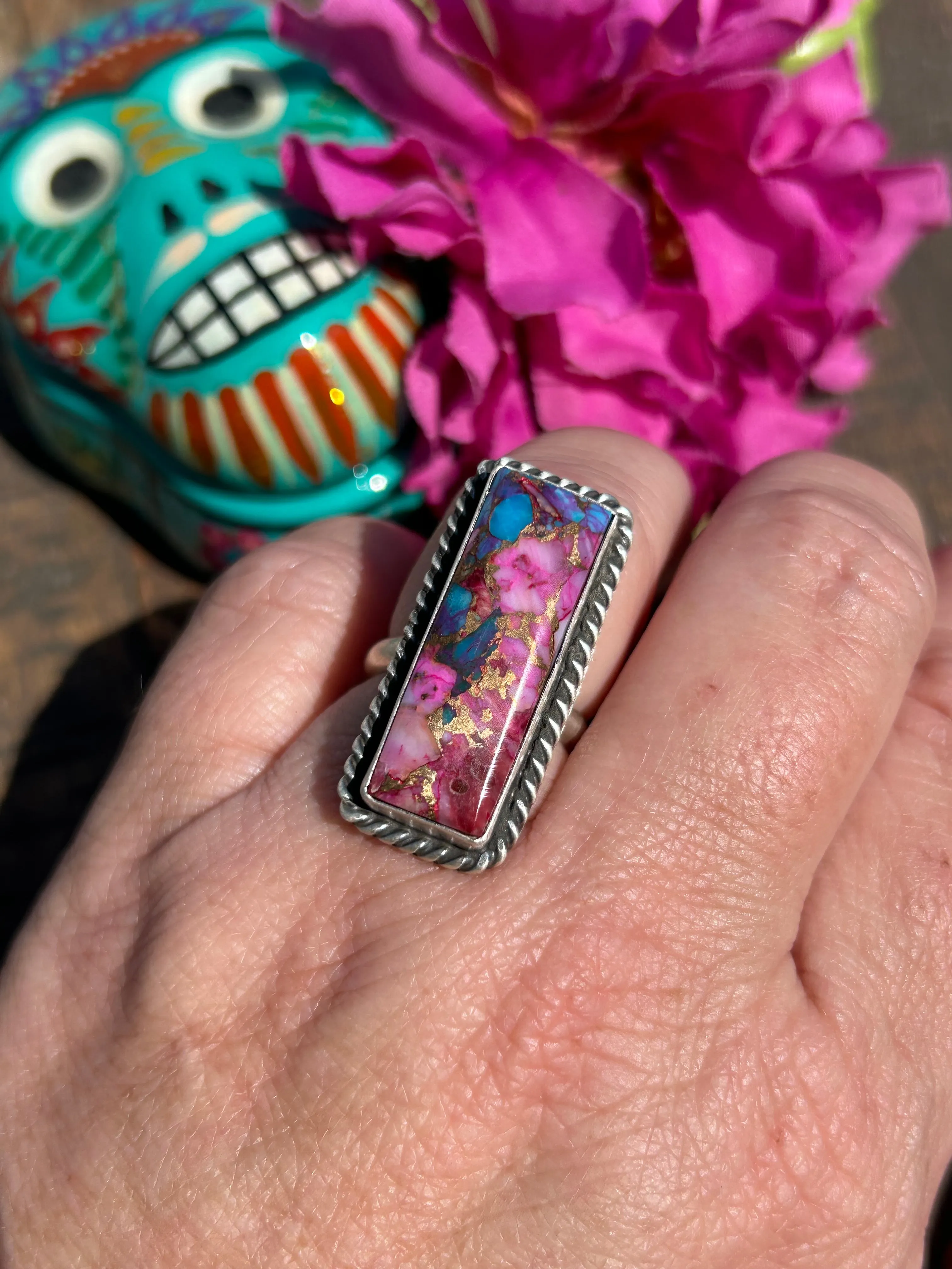 Adjustable Pink Dahlia Bar Ring