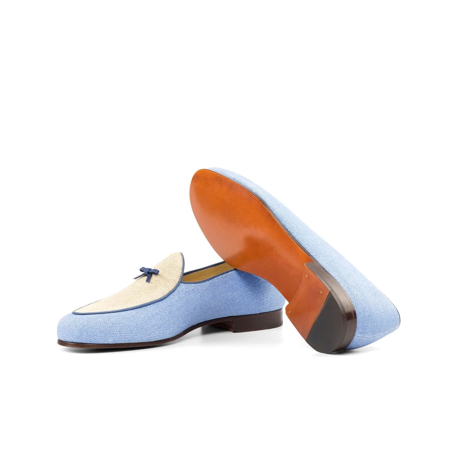 Ambrogio Bespoke Custom Men's Shoes Blue & Beige Linen Fabric Belgian Loafers (AMB2191)