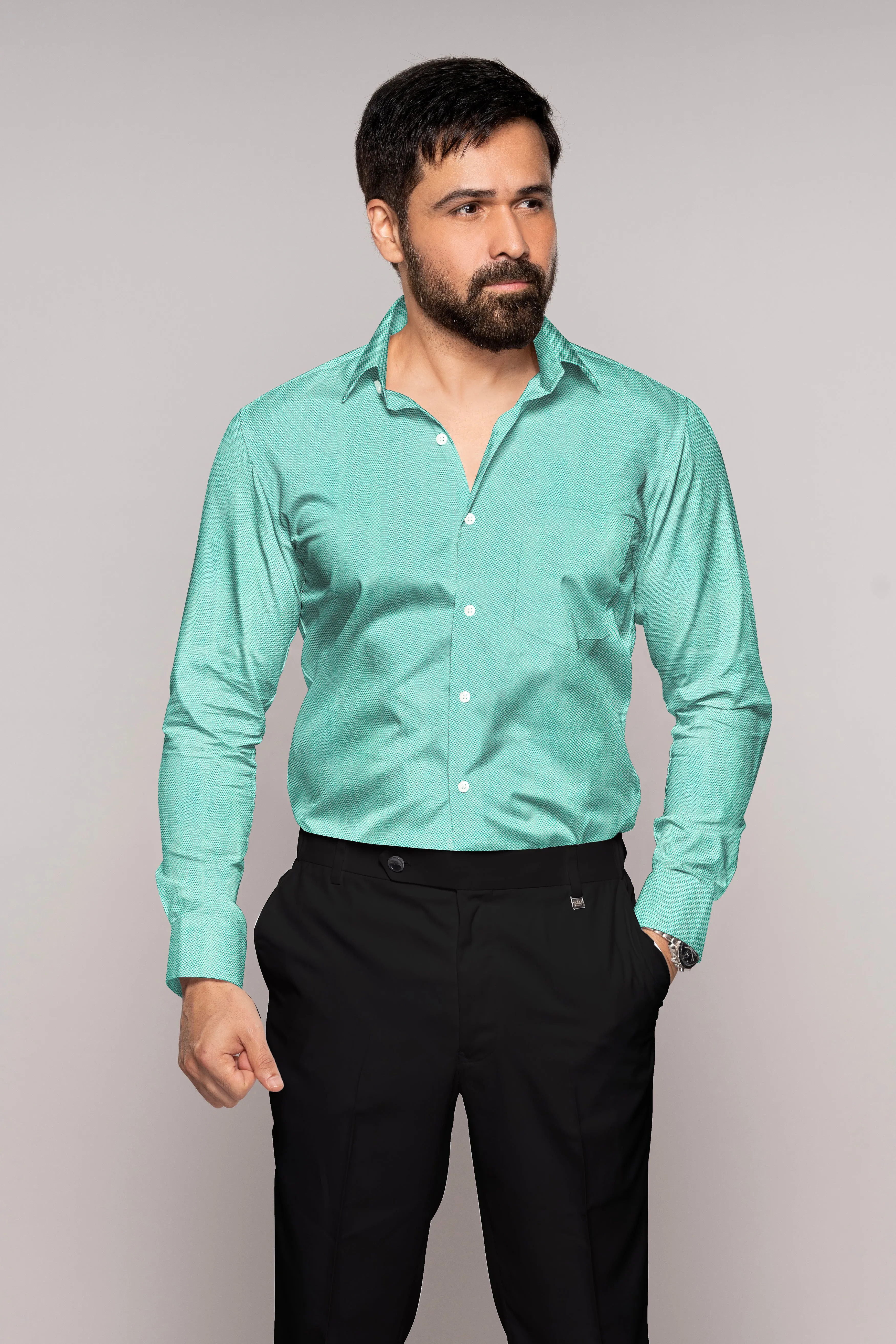 Aqua Blue Dobby Textured Premium Giza Cotton Shirt