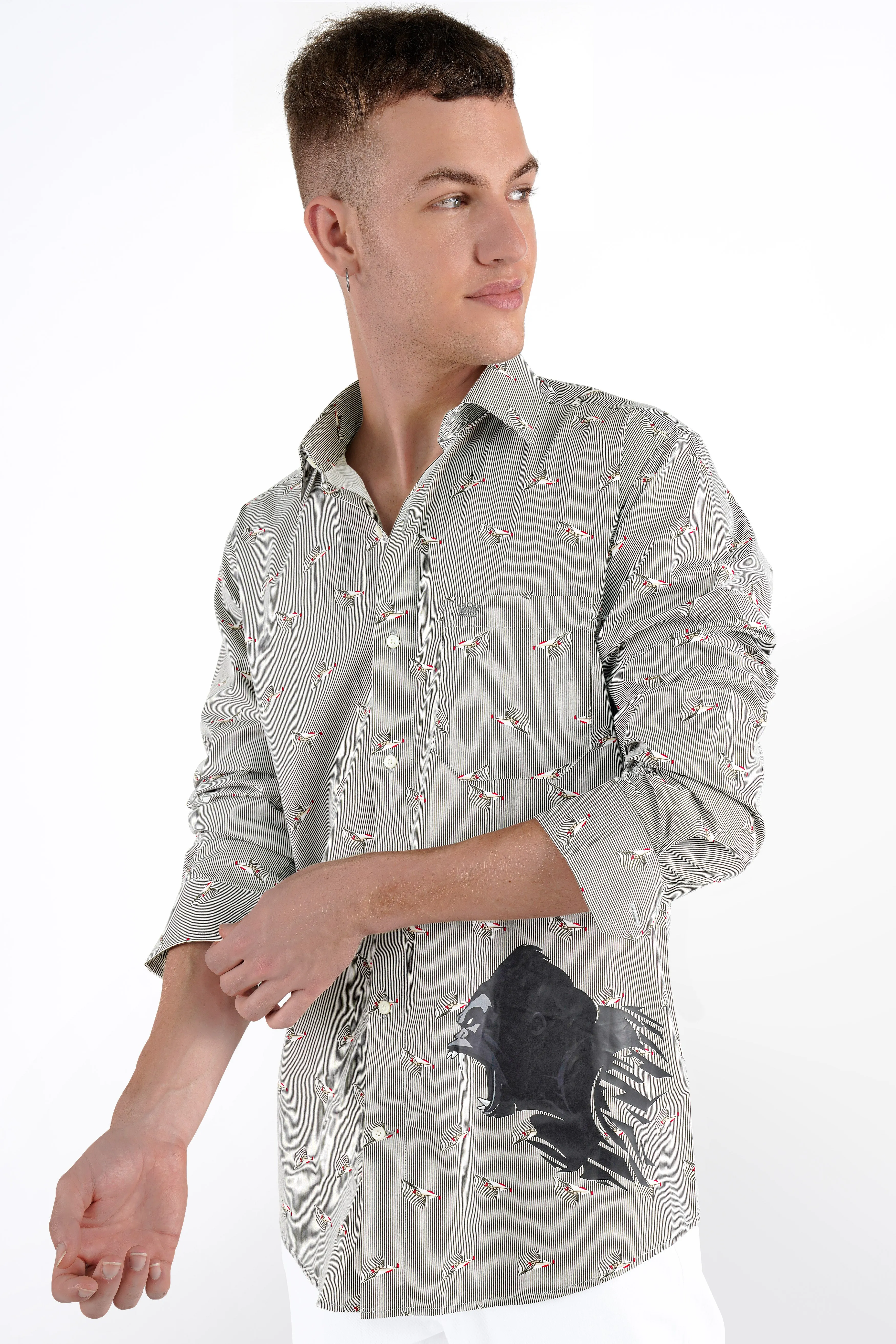 Ash Gray Fish Printed Premium Cotton Designer Shirt