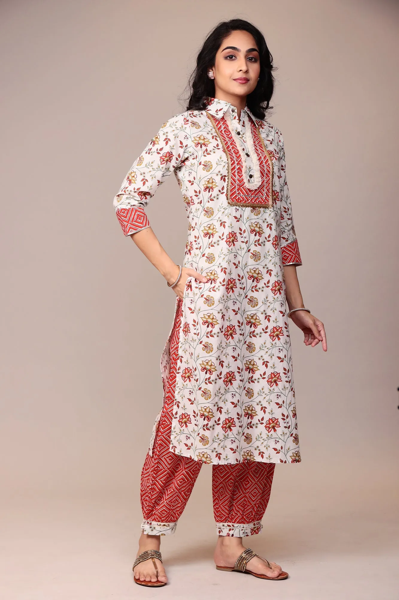 Block Print Cotton Kurta with Gota, Thread work.