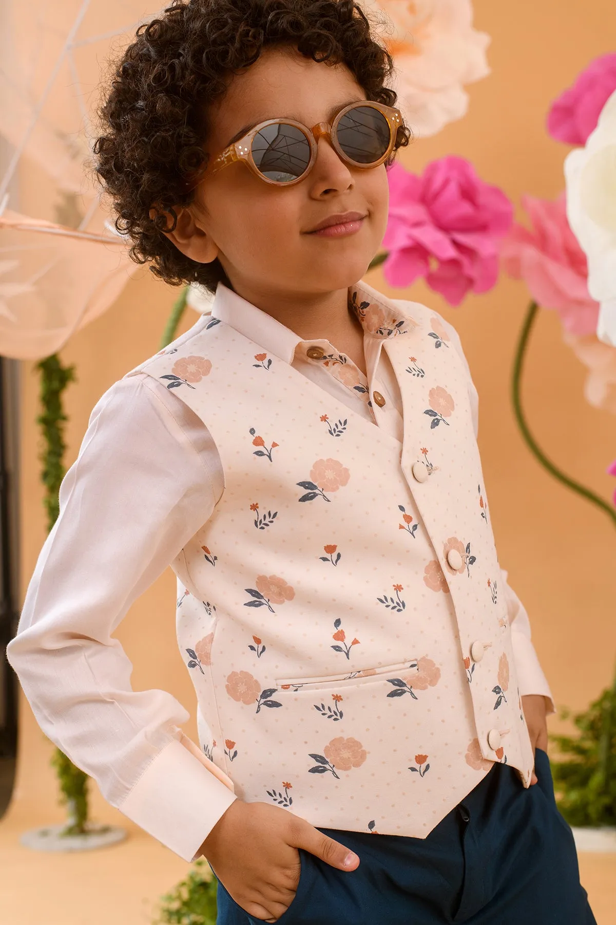 Blossom Orchard- Printed Cotton Satin Waistcoat For Boys