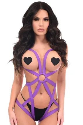 BOXED Purple Stretchy Body Harness Bodysuit w/Silver Hardware