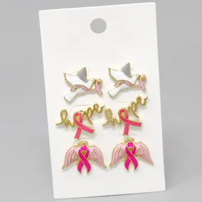 Breast Cancer Pink Ribbon Theme Stud Earring Set