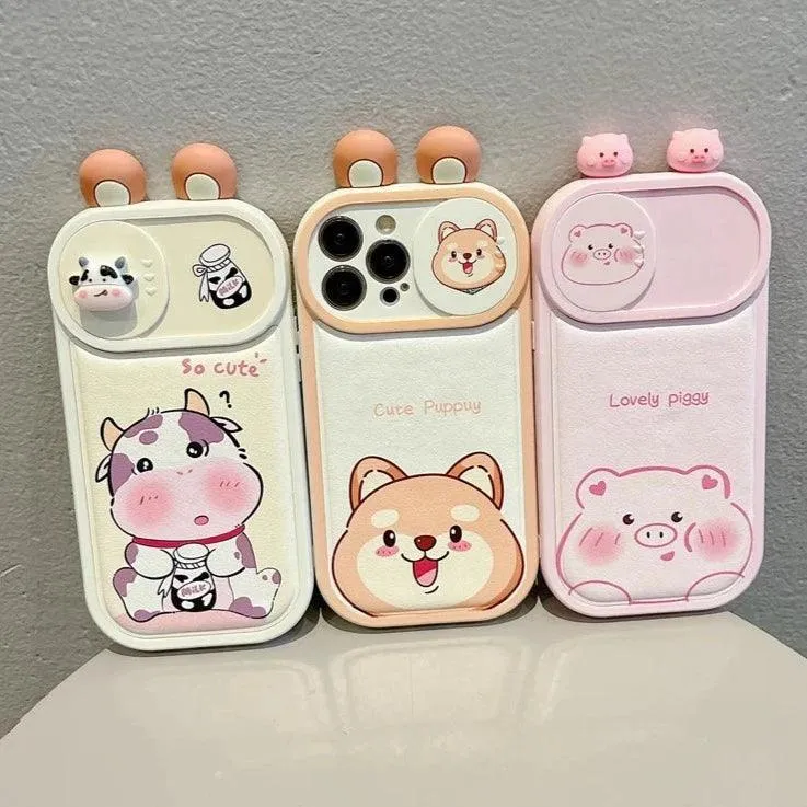 Cartoon Pink Pig, Puppy, Panda, and Cow Cute Phone Case For iPhone 15 Pro Max, 14, 13, 11, or 12