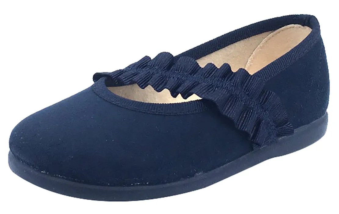 ChildrenChic Girl's Frilly Elastic Mary Jane, Navy Blue Suede