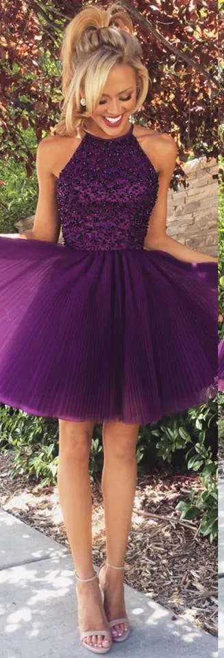 Classic Purple Homecoming Dress Halter Neckline, Short Prom Dress, Dance Dress, Formal Dress, Graduation School Party Gown, PC0576