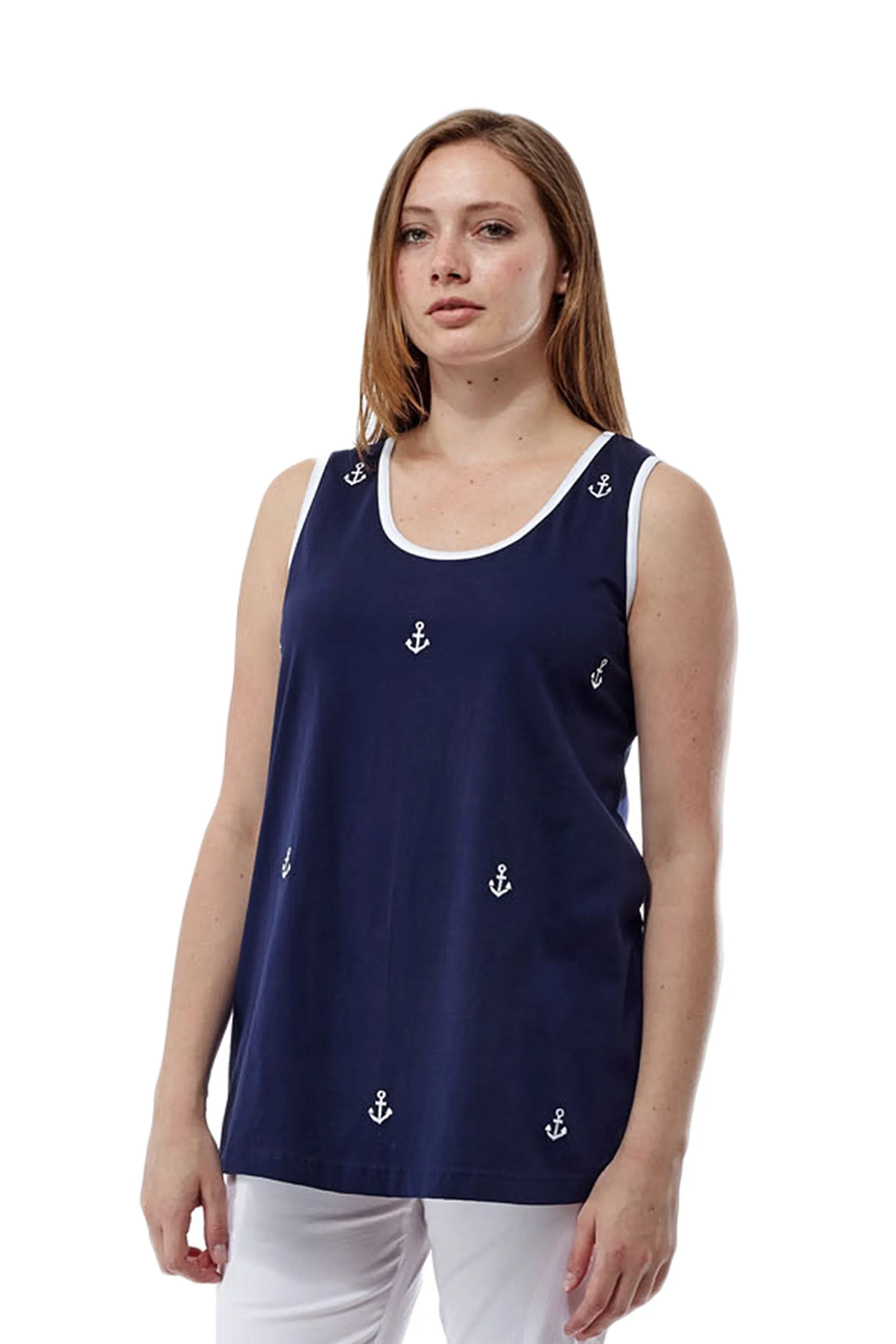 Cotton Knit Tank with Anchor Embroidery - Plus Size