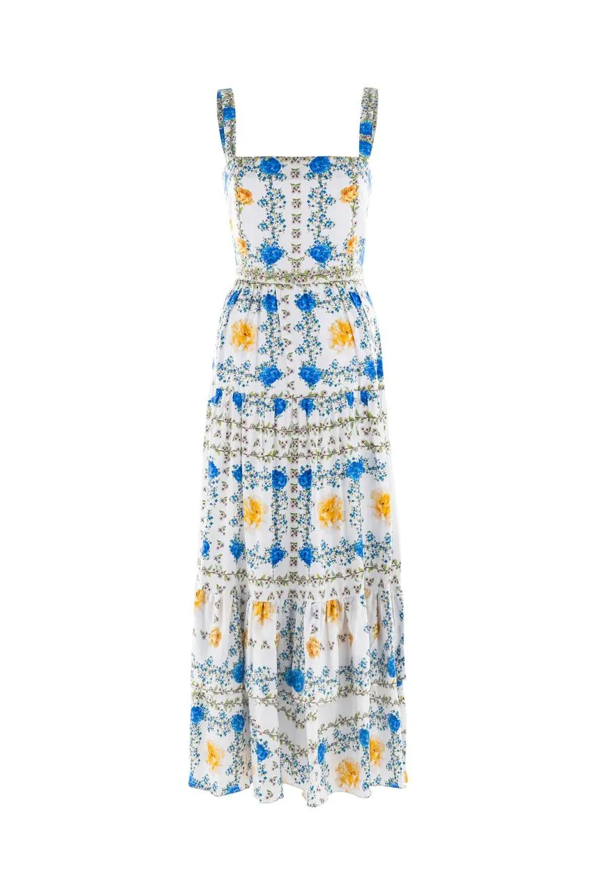 Daniela Cotton Midi Dress - Yellow/Blue/White