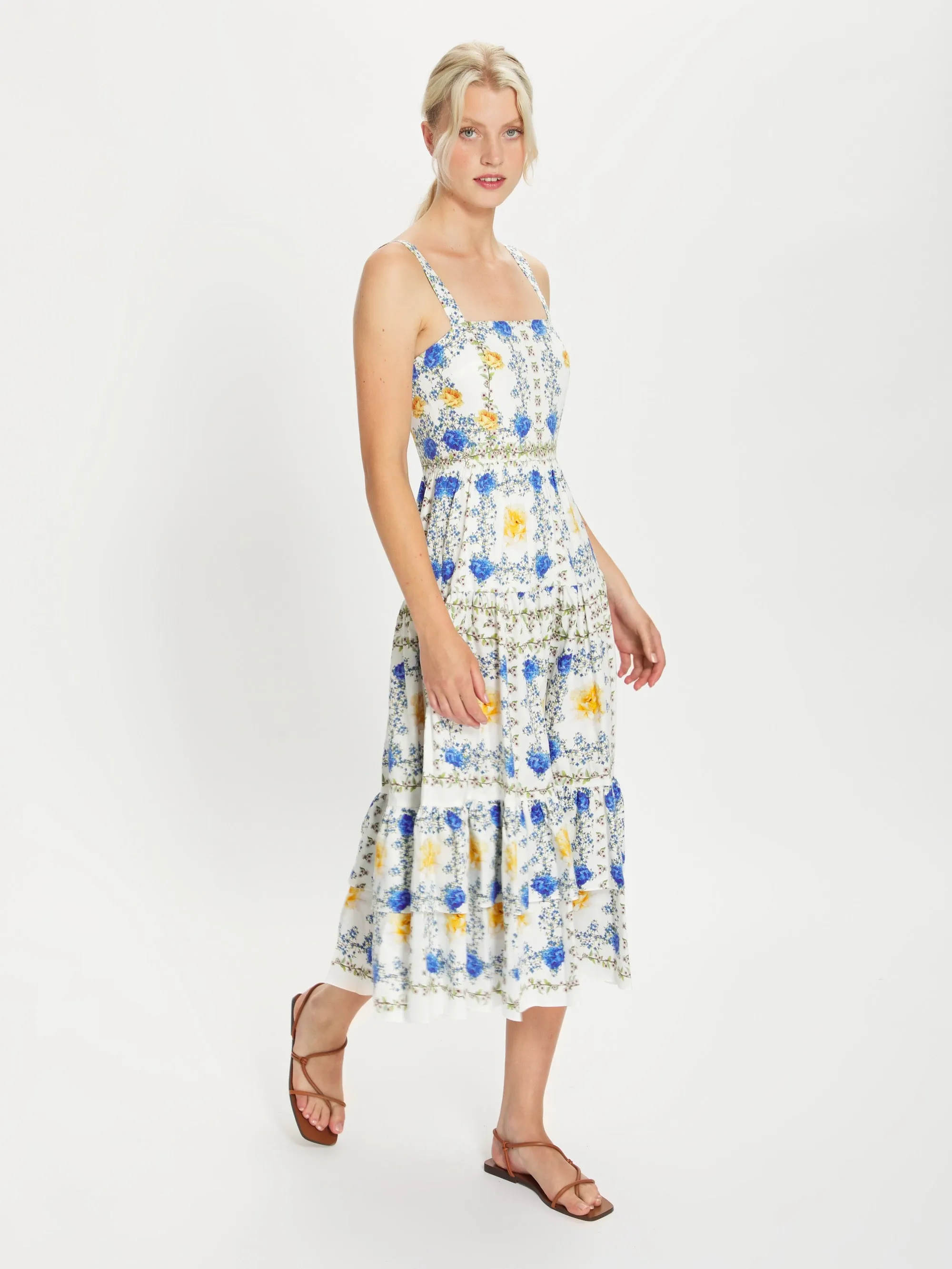 Daniela Cotton Midi Dress - Yellow/Blue/White