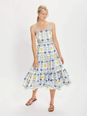 Daniela Cotton Midi Dress - Yellow/Blue/White