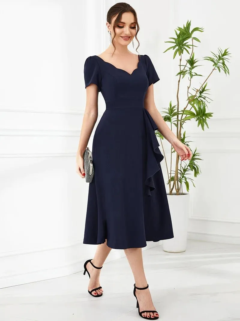 Deep V Neck Knee Length Short Sleeves A Line Evening Dresses