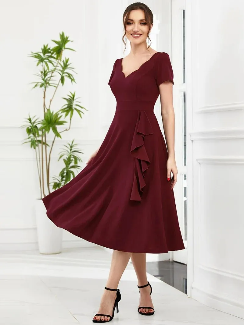 Deep V Neck Knee Length Short Sleeves A Line Evening Dresses