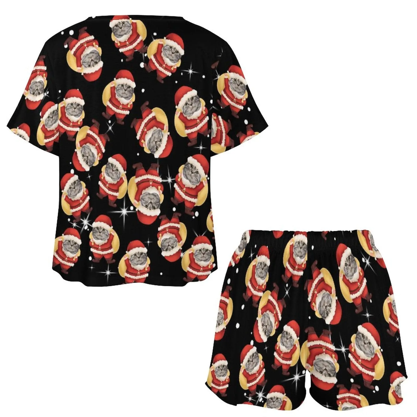 【Discount - limited time】Custom Pet Face Cat Santa Claus Black Pajama Set Women's Short Sleeve Top and Shorts Loungewear Athletic Tracksuits