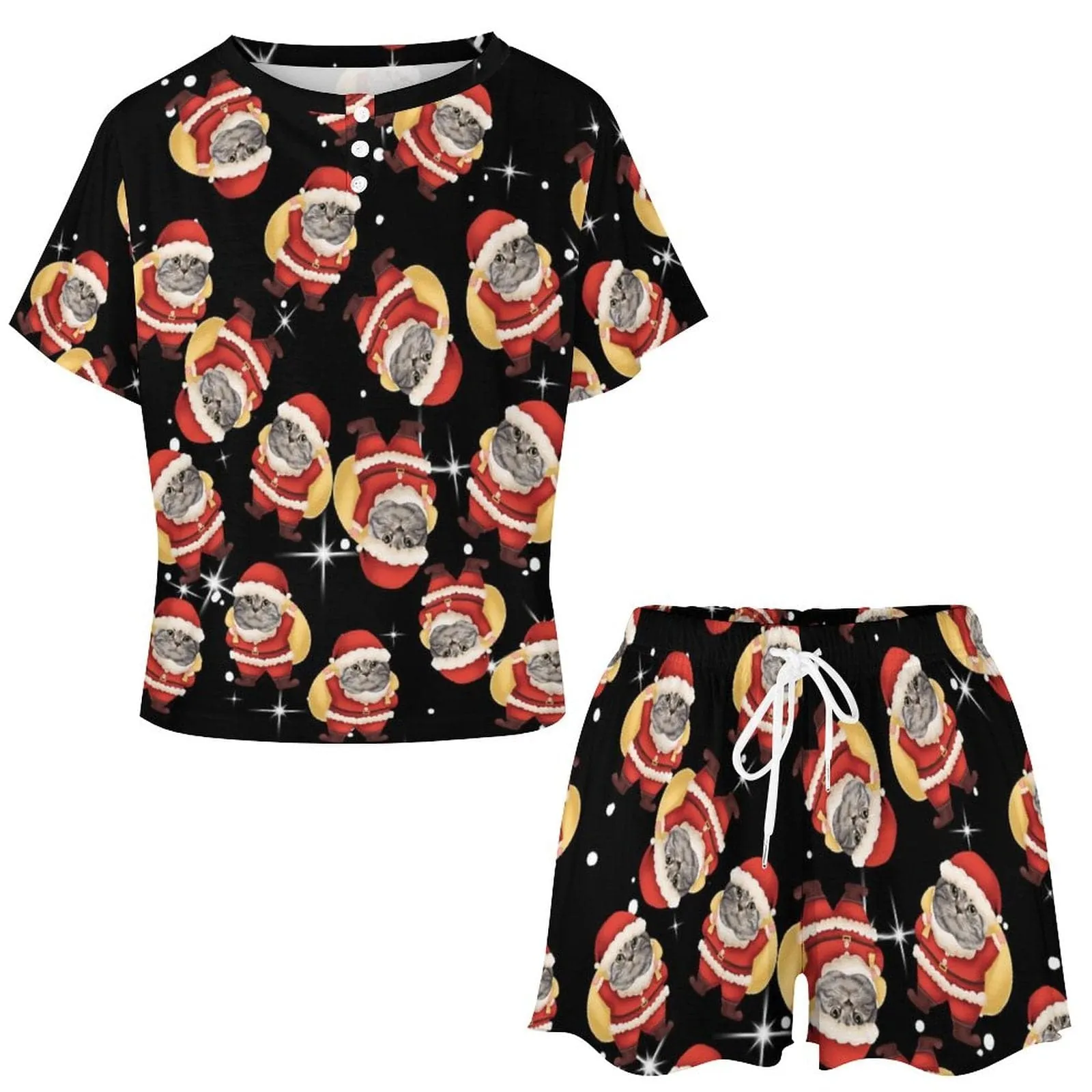 【Discount - limited time】Custom Pet Face Cat Santa Claus Black Pajama Set Women's Short Sleeve Top and Shorts Loungewear Athletic Tracksuits