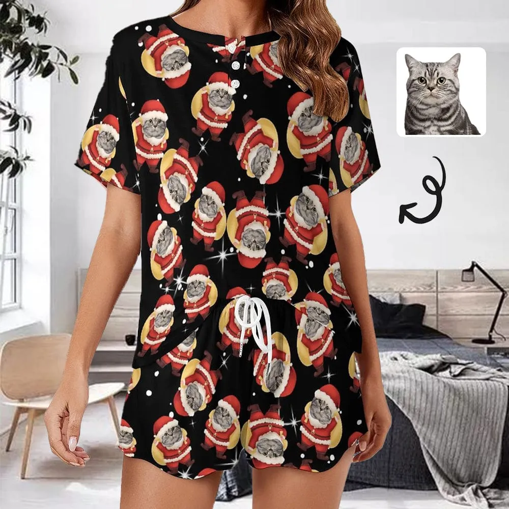 【Discount - limited time】Custom Pet Face Cat Santa Claus Black Pajama Set Women's Short Sleeve Top and Shorts Loungewear Athletic Tracksuits