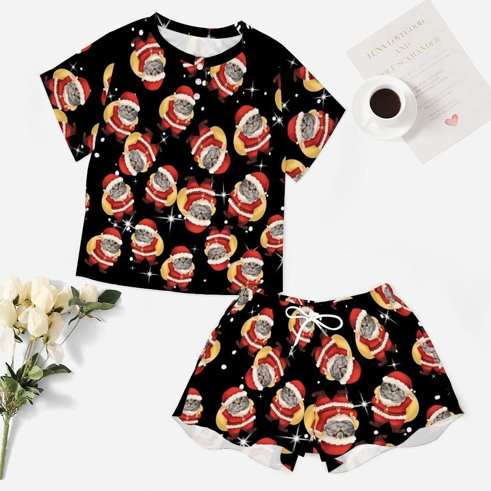 【Discount - limited time】Custom Pet Face Cat Santa Claus Black Pajama Set Women's Short Sleeve Top and Shorts Loungewear Athletic Tracksuits