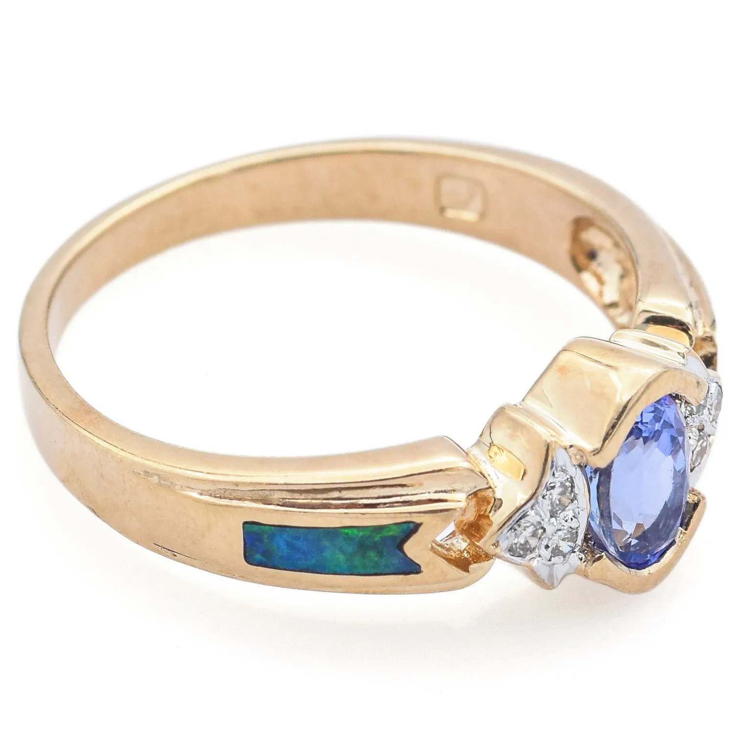 Estate Tanzanite, Black Opal & Diamond 14K Yellow Gold Band Ring Size 7