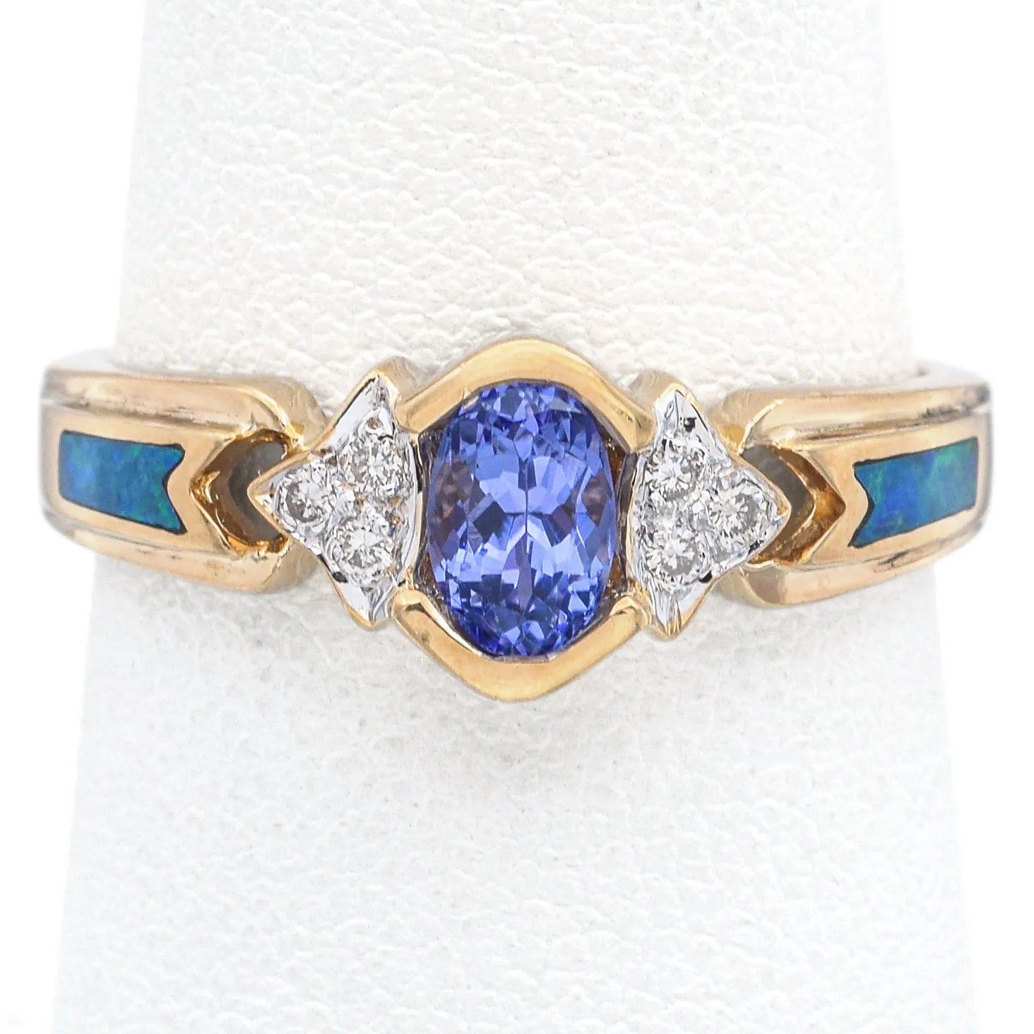 Estate Tanzanite, Black Opal & Diamond 14K Yellow Gold Band Ring Size 7