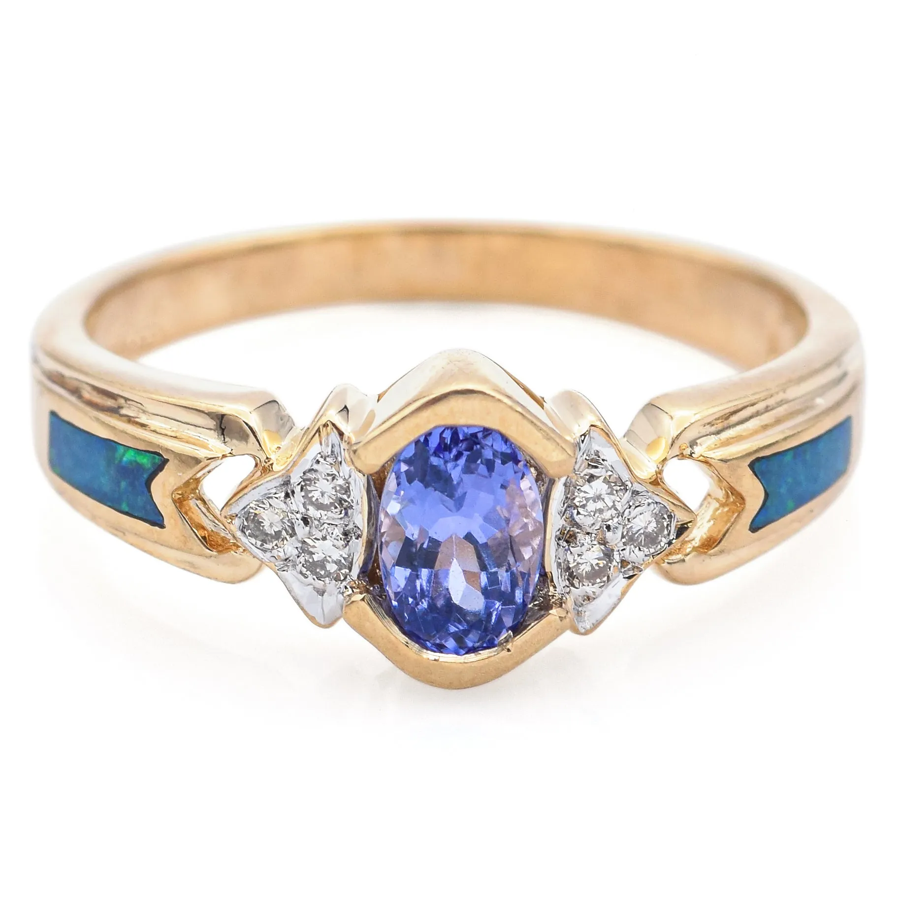 Estate Tanzanite, Black Opal & Diamond 14K Yellow Gold Band Ring Size 7