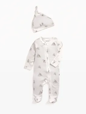 Full sleeve cute rabbit pattern in cream zipper sleepsuit with cap  for baby