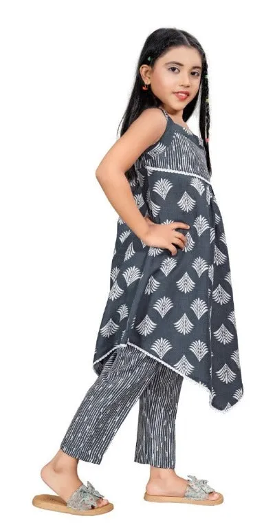 Grey Kids Girls Cotton Punjabi Suit Set of 2