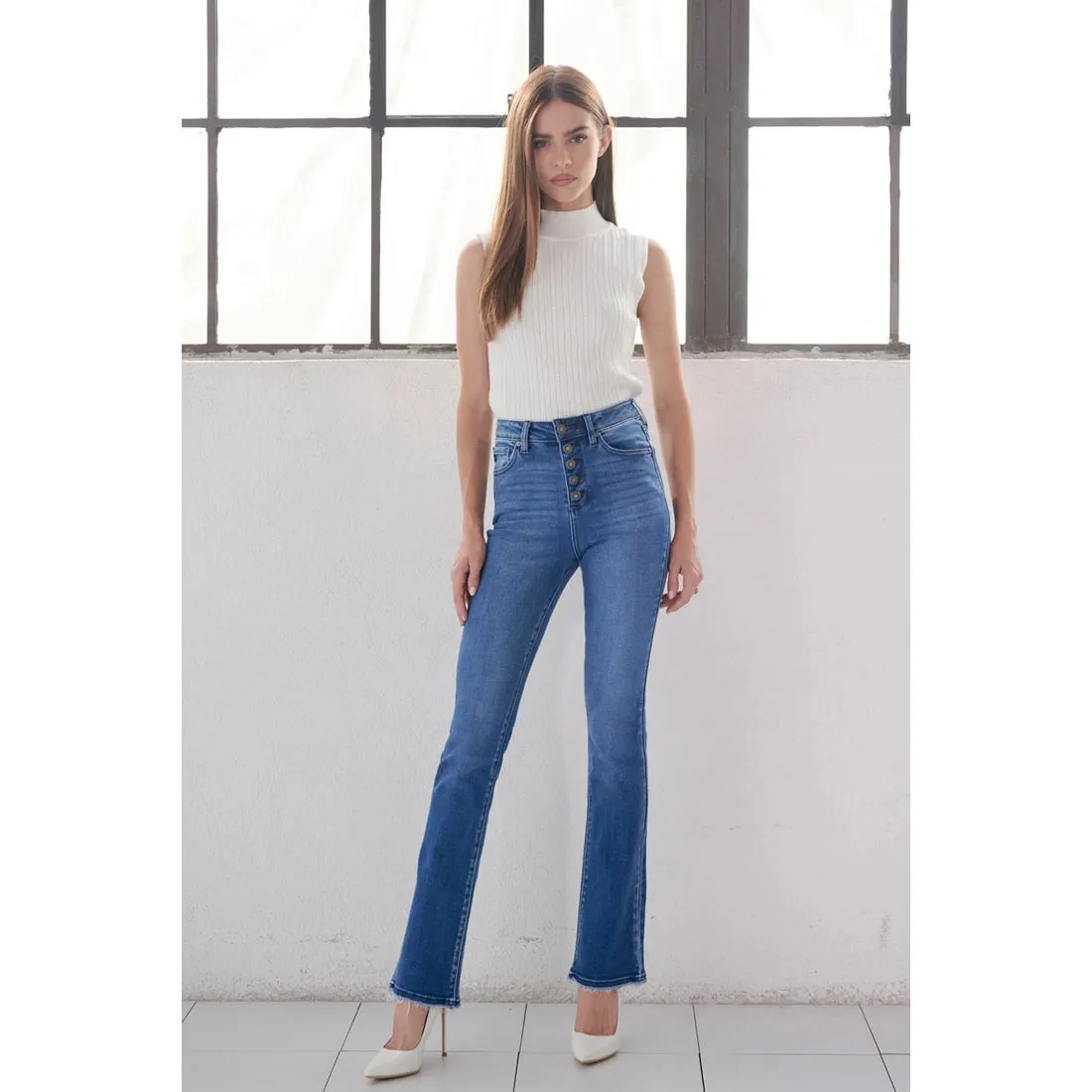 KanCan High Rise Exposed Button Bootcut Jeans