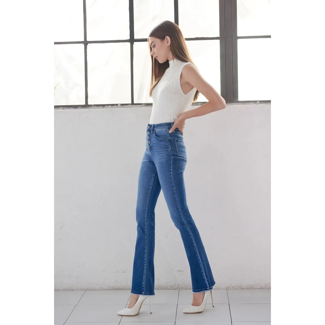 KanCan High Rise Exposed Button Bootcut Jeans