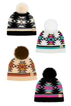 Kid's C.C Southwest Pattern Faux Fur Pom Beanie