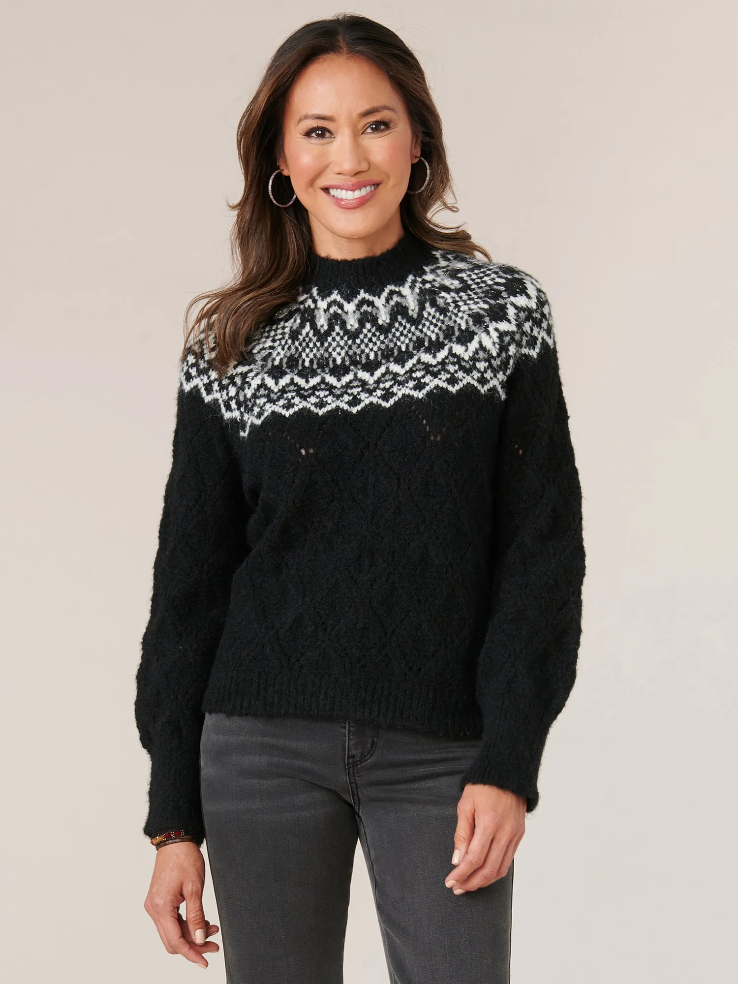 Long Sleeve High Round Neck Beaded Yoke Pointelle Mix Sweater