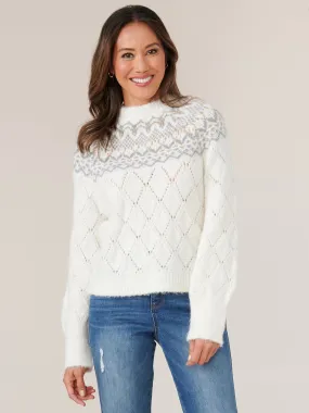 Long Sleeve High Round Neck Beaded Yoke Pointelle Mix Sweater