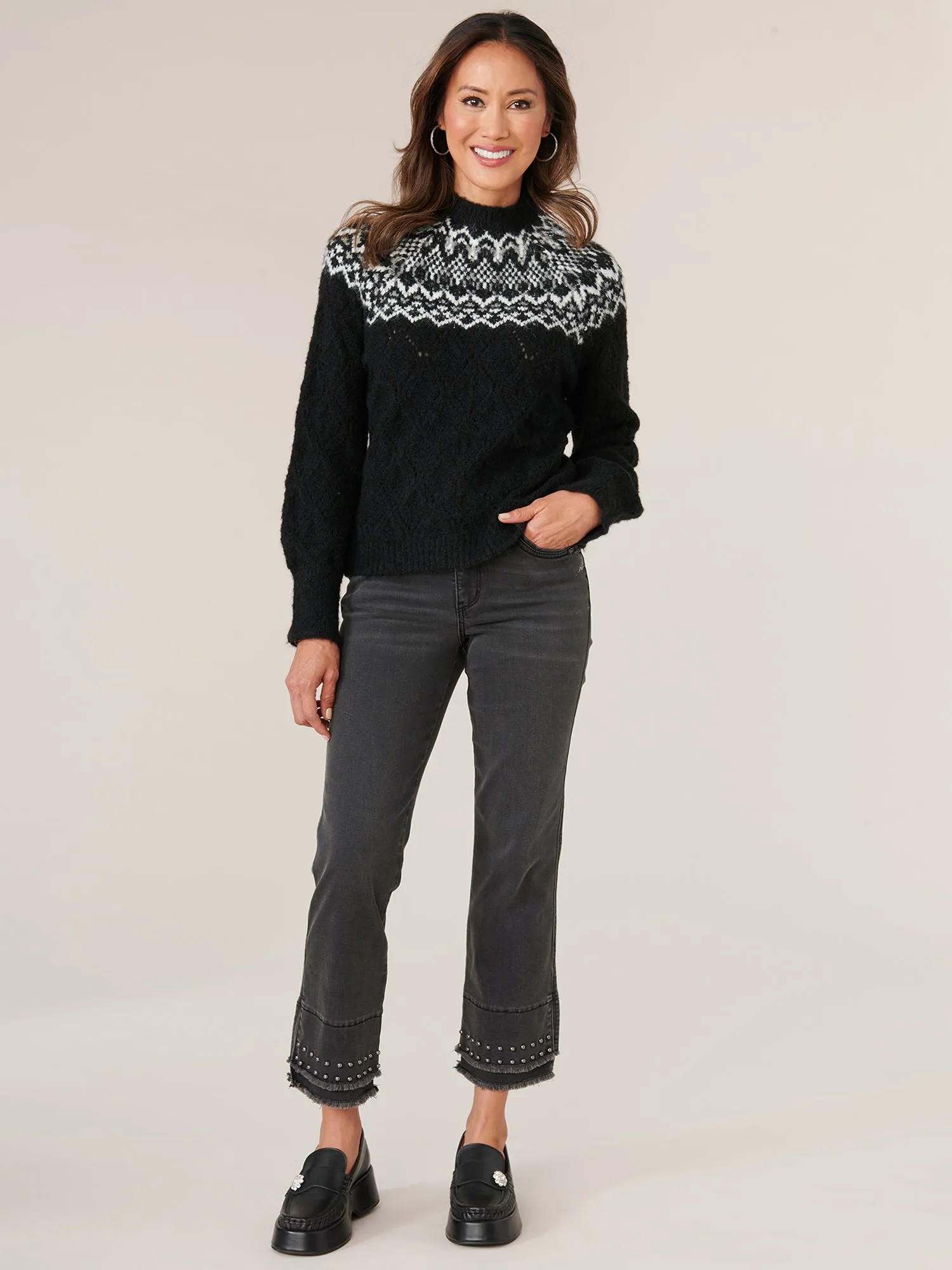 Long Sleeve High Round Neck Beaded Yoke Pointelle Mix Sweater