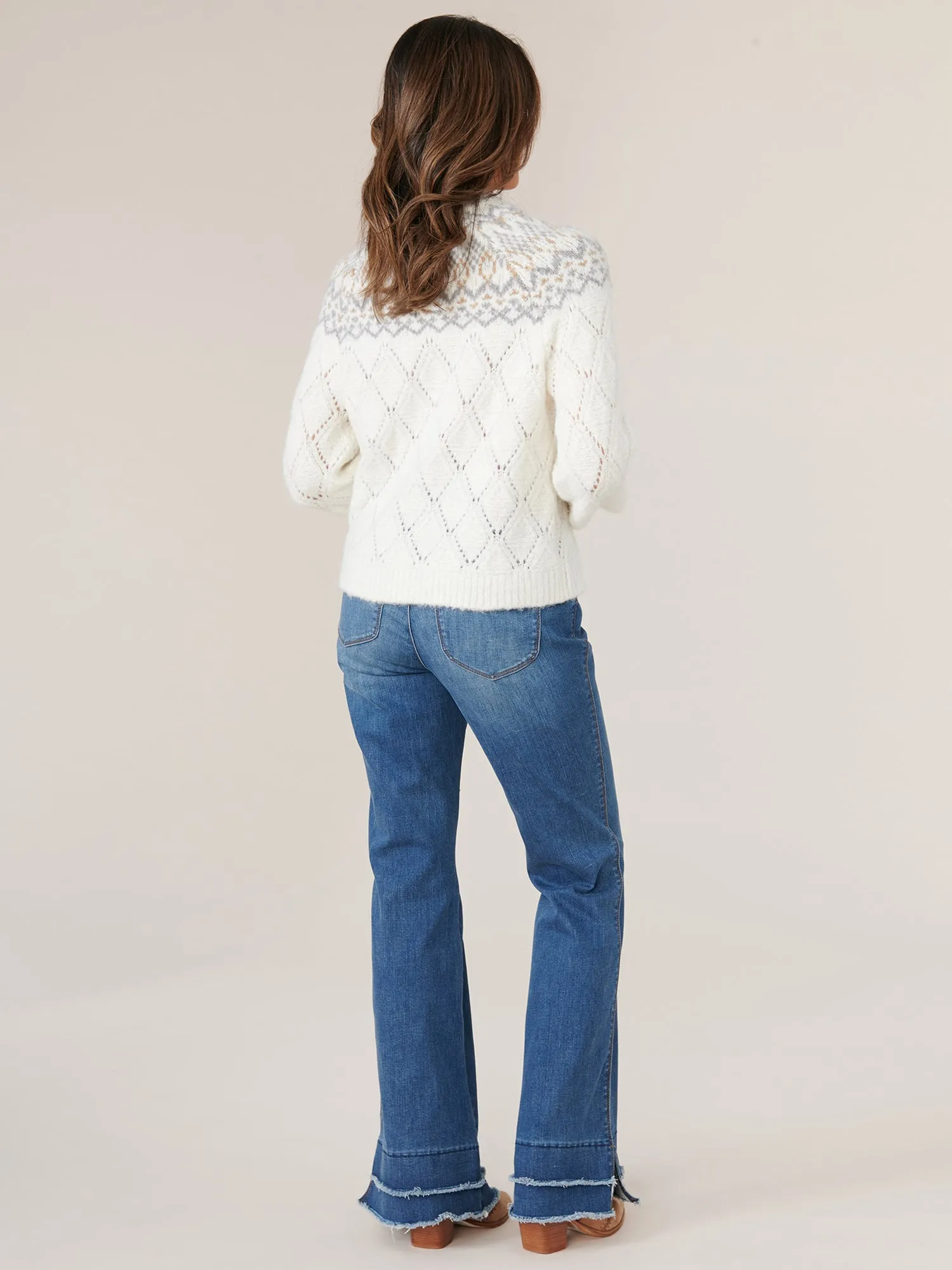 Long Sleeve High Round Neck Beaded Yoke Pointelle Mix Sweater