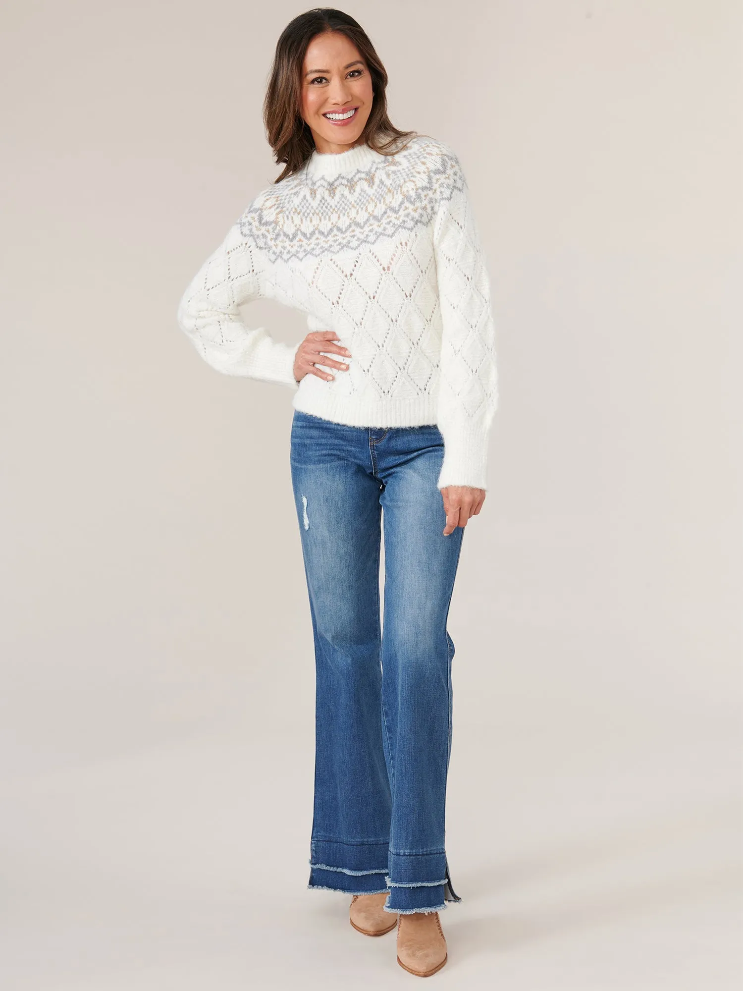 Long Sleeve High Round Neck Beaded Yoke Pointelle Mix Sweater