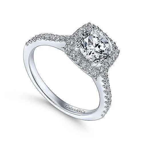 Mounting Only, 14K White Gold Cushion Halo Round Diamond Engagement Ring