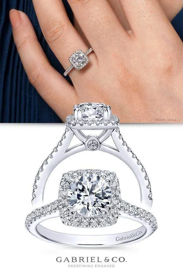 Mounting Only, 14K White Gold Cushion Halo Round Diamond Engagement Ring