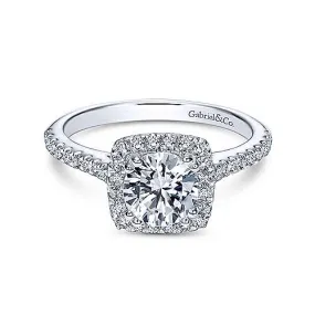 Mounting Only, 14K White Gold Cushion Halo Round Diamond Engagement Ring