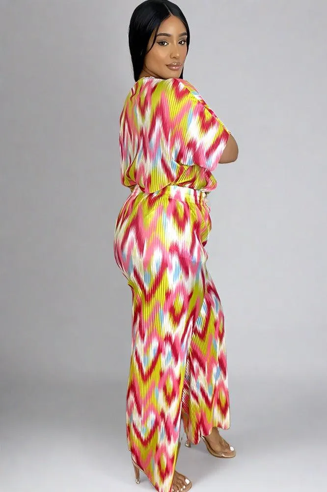 Multicolour Zig Zag Pattern Plisse Top And Trousers Set