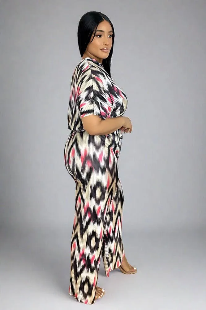 Multicolour Zig Zag Pattern Plisse Top And Trousers Set